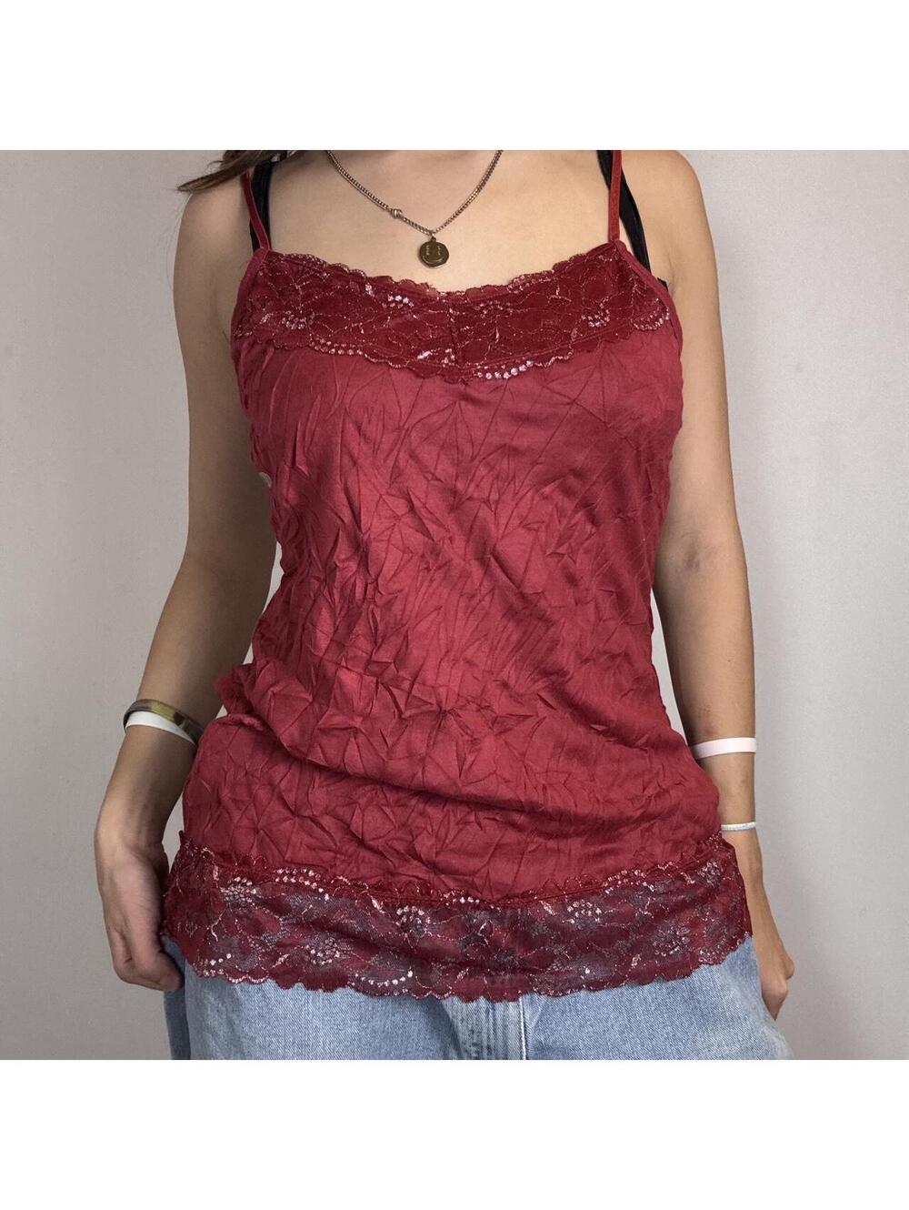 NWT Maurices red + silver glitter lace cami tank top crinkle texture Size large